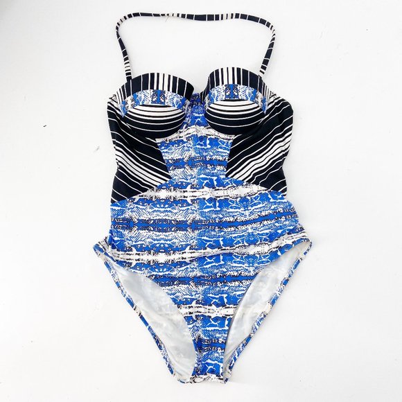 BCBGMaxazaria Blue Snake Striped One Piece Swim - Picture 1 of 5